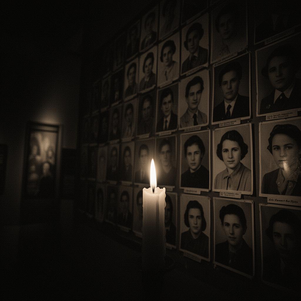 Historical memorial display of Holocaust survivor photographs